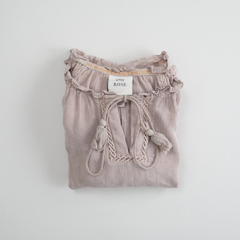 Knox Rose Long Sleeve Blouse Top Women Size S Rayon Dusty Pink Laced Boho Flowy - Picture 10 of 11